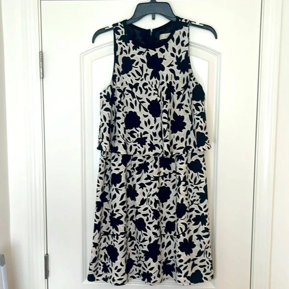 LOFT Floral Print Layered Black White Cream Dress Size 6